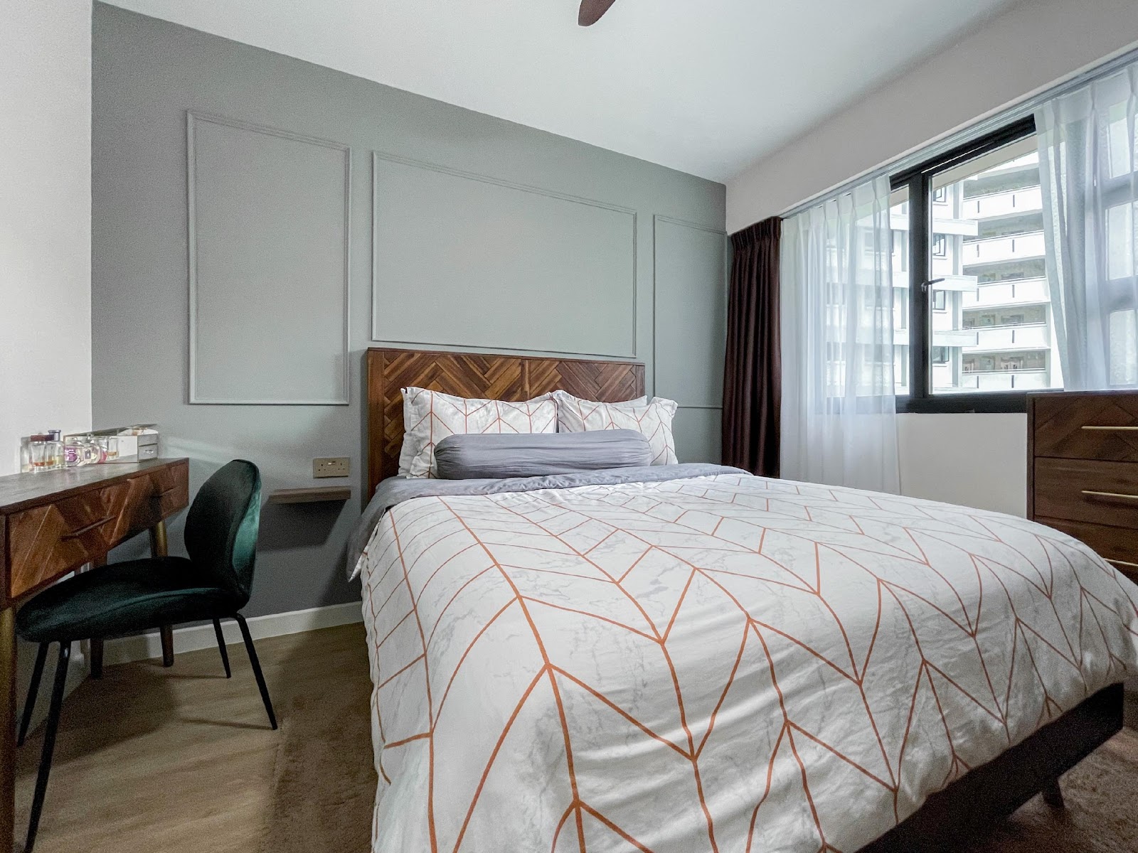 Modern Home for the Modern Interracial Couple - Modern bedroom with elegant design, large comfortable bed with geometric