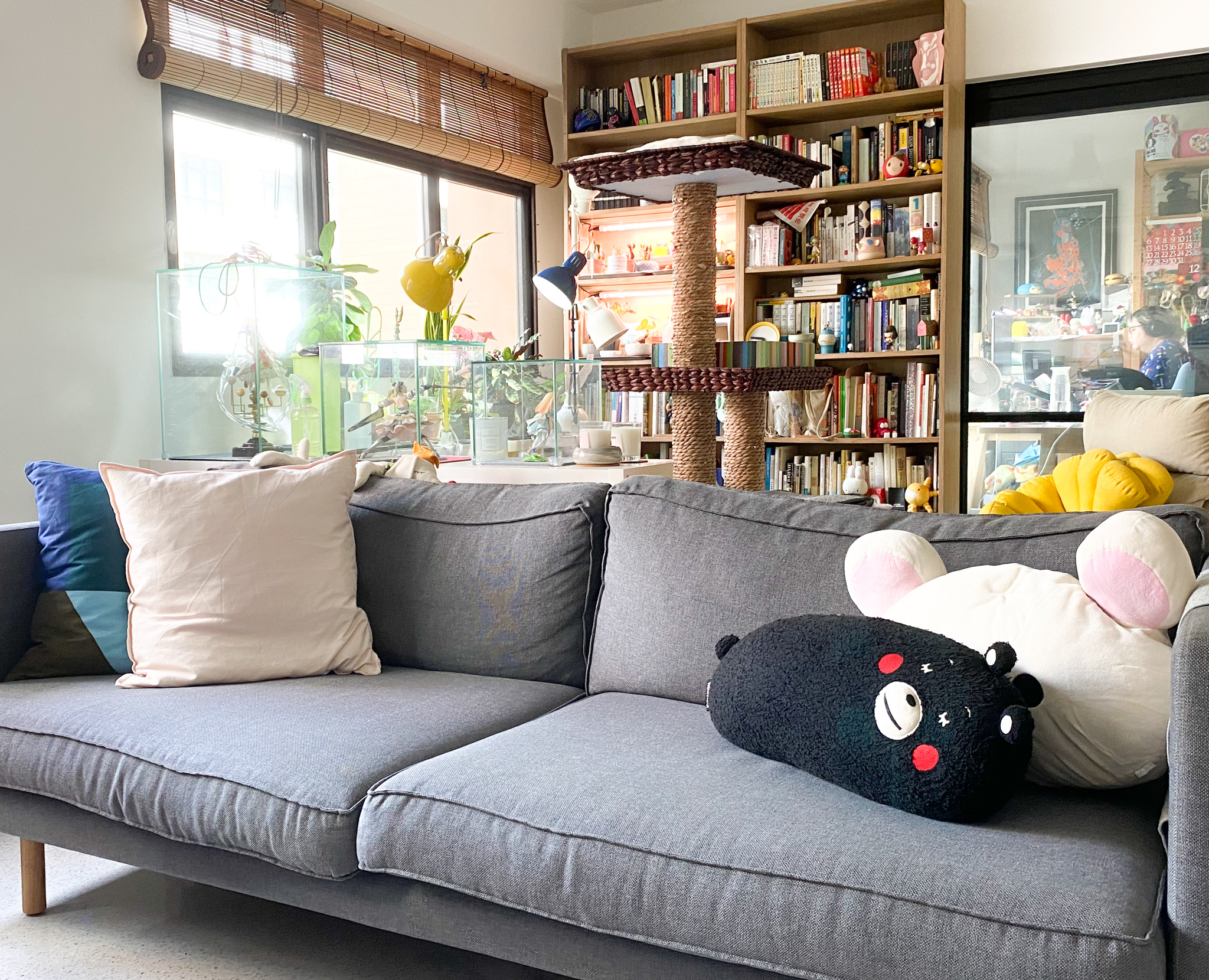The Eccentricity of an Artistic Couple’s Apartment - Couch with plush toys, bookshelf filled with books, large window with