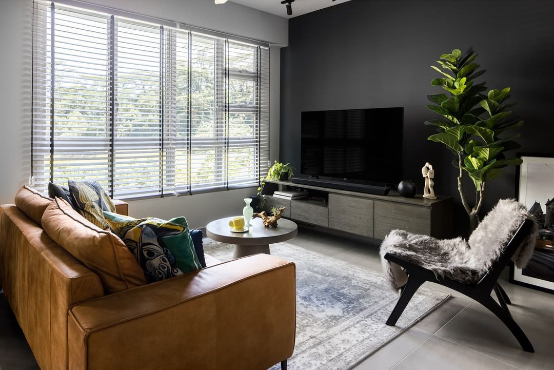 An atmosphere of darkness but comfortable for us - Modern living room with large windows, floor-to-ceiling blinds