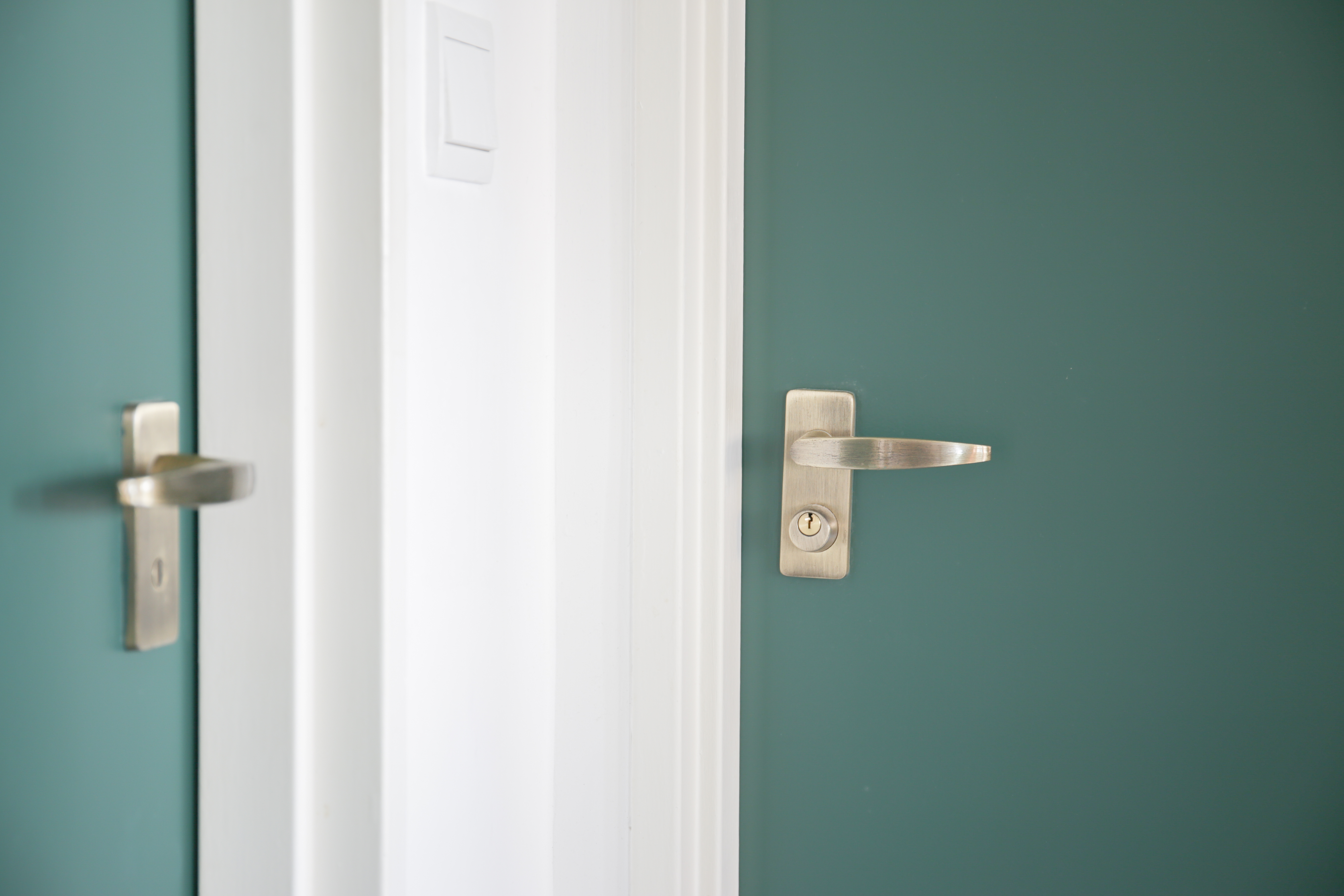 The Eccentricity of an Artistic Couple’s Apartment - Teal door frame, white door, metallic handles, minimalist design, modern