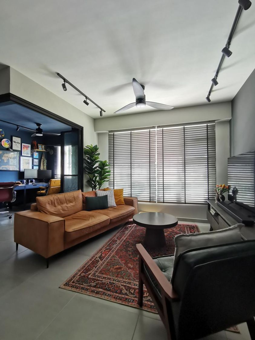 An atmosphere of darkness but comfortable for us - Modern living room, cozy seating area, stylish sofa, brown leather, accent