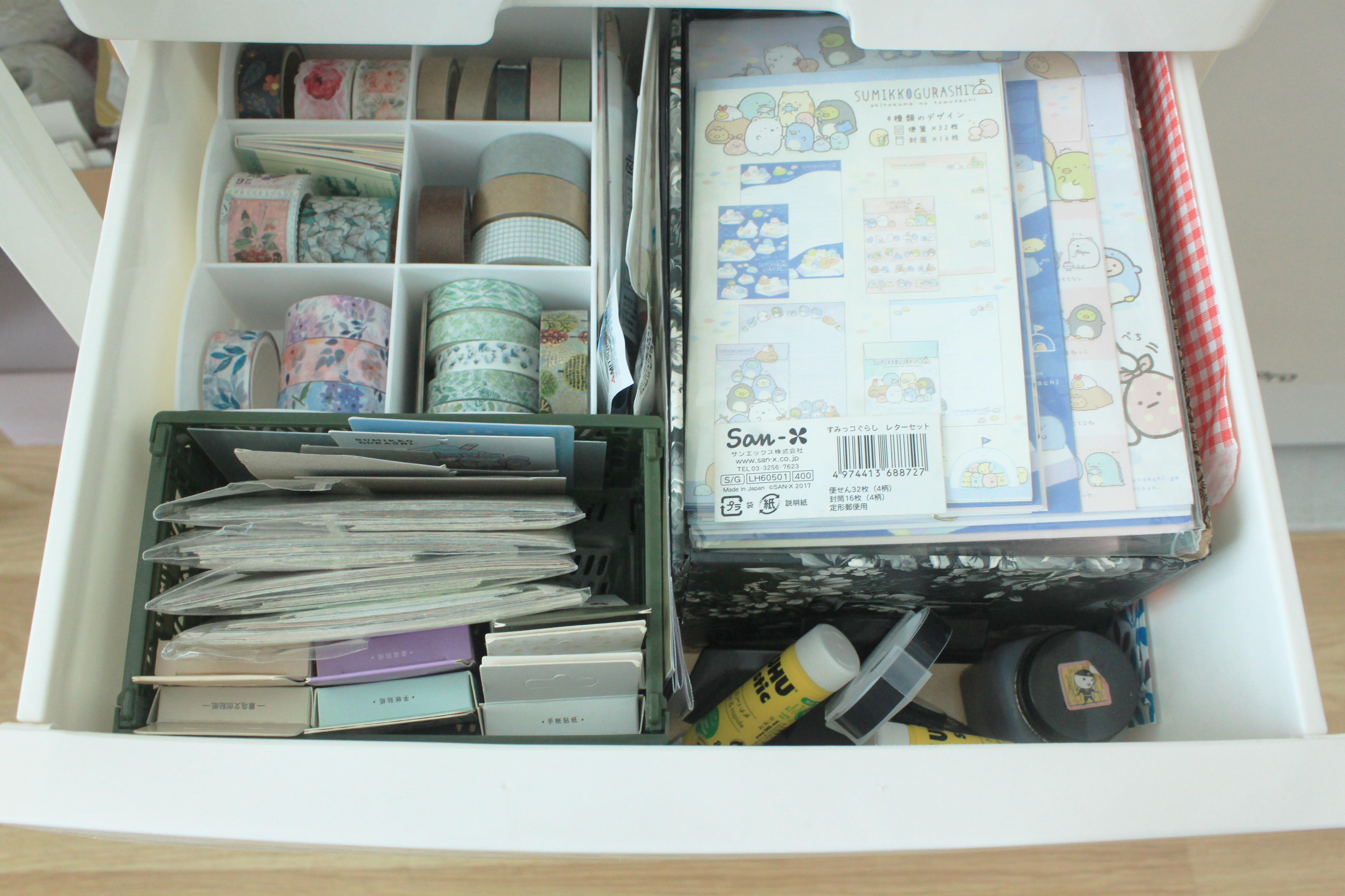 My Home Away From Home - Organized storage drawer, neatly arranged stationery, colorful decorative tapes, various stationery