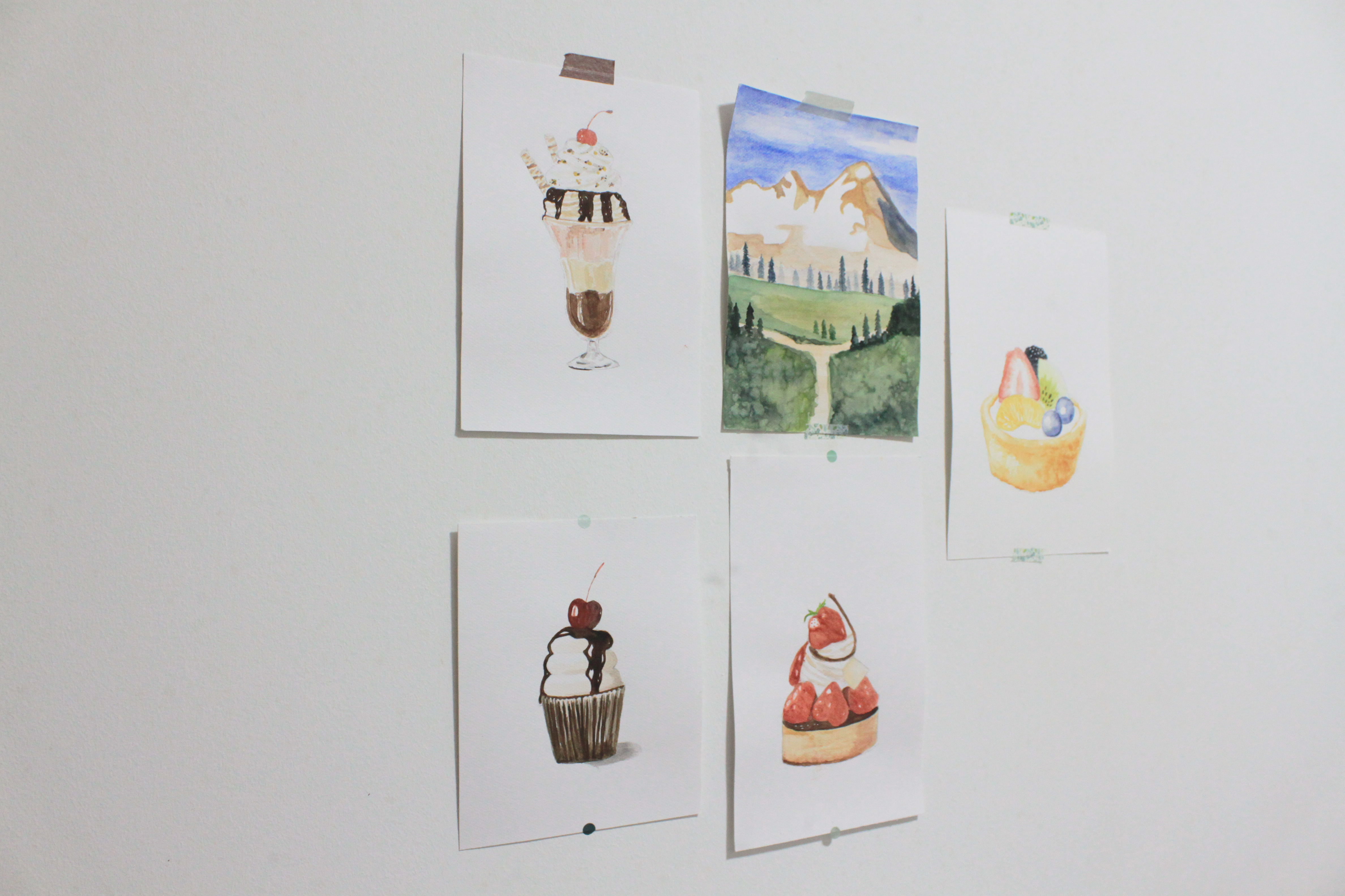 My Home Away From Home - Watercolor cupcakes, cherry on top, chocolate drizzle, mountain landscape, green field, blue sky