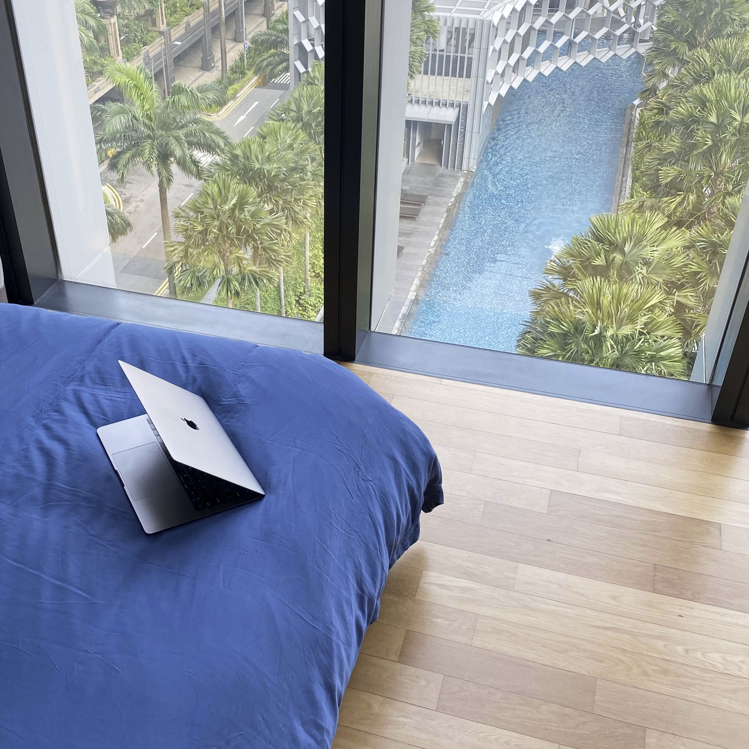 A Photographer's One-Room Studio Man Cave - Laptop on blue bed, large window with palm trees, modern building, blue sky