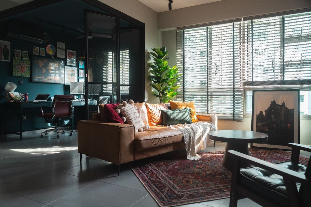 An atmosphere of darkness but comfortable for us - Modern living room, cozy seating area, open-concept design, large windows