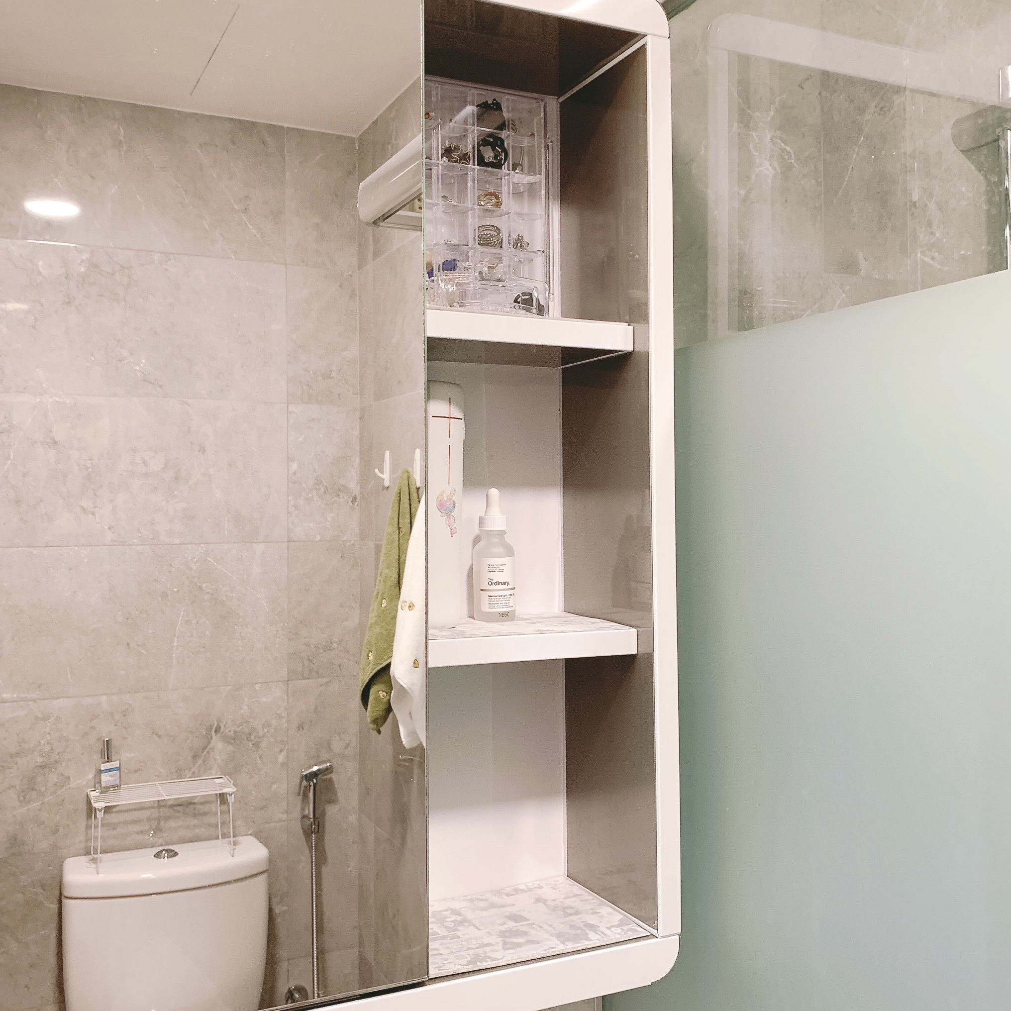 K-pop, Anime, Harry Potter - The Room that Has It All - Clear glass cabinet, bathroom vanity, white marble tiles, open