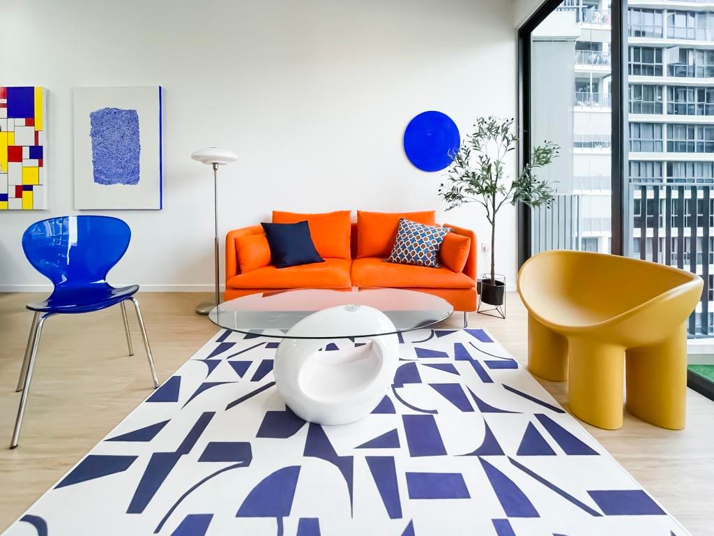 Bright colours are my jam - Modern living room, vibrant color palette, abstract art, geometric pattern, contemporary