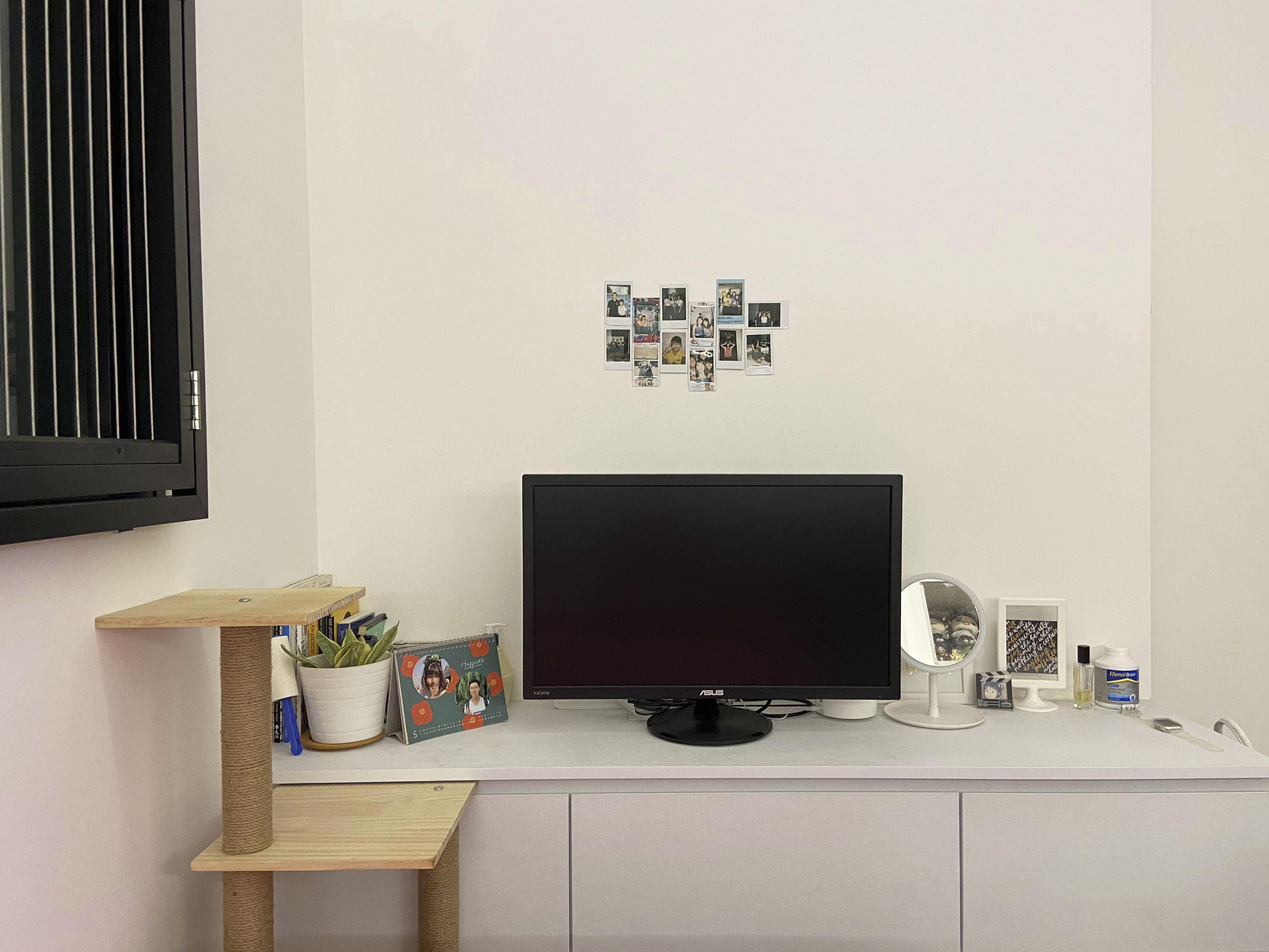 A Cat Lover's Room 🐱 - Black computer monitor, white desk, small wooden shelf, cat tree, potted plant, framed photos, white