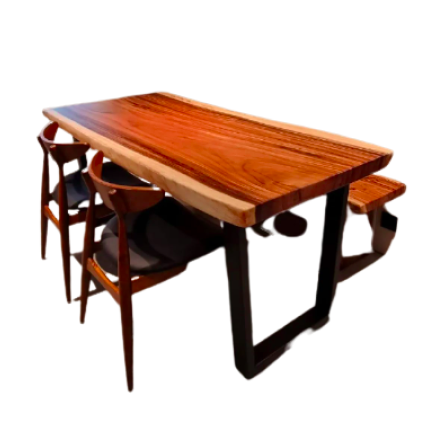 Solid Wood Slab Dining Table with Chairs and Benches
