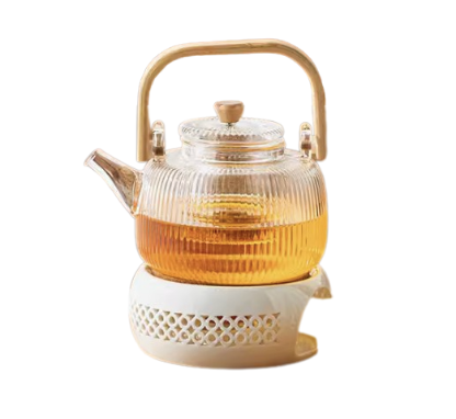 Clear Teapot With Bamboo Handle And Ceramic Base 