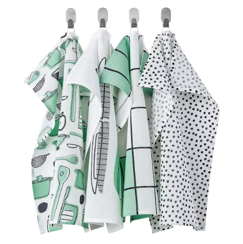 RINNIG Tea Towel, White/Green/Patterned, 45x60 cm
