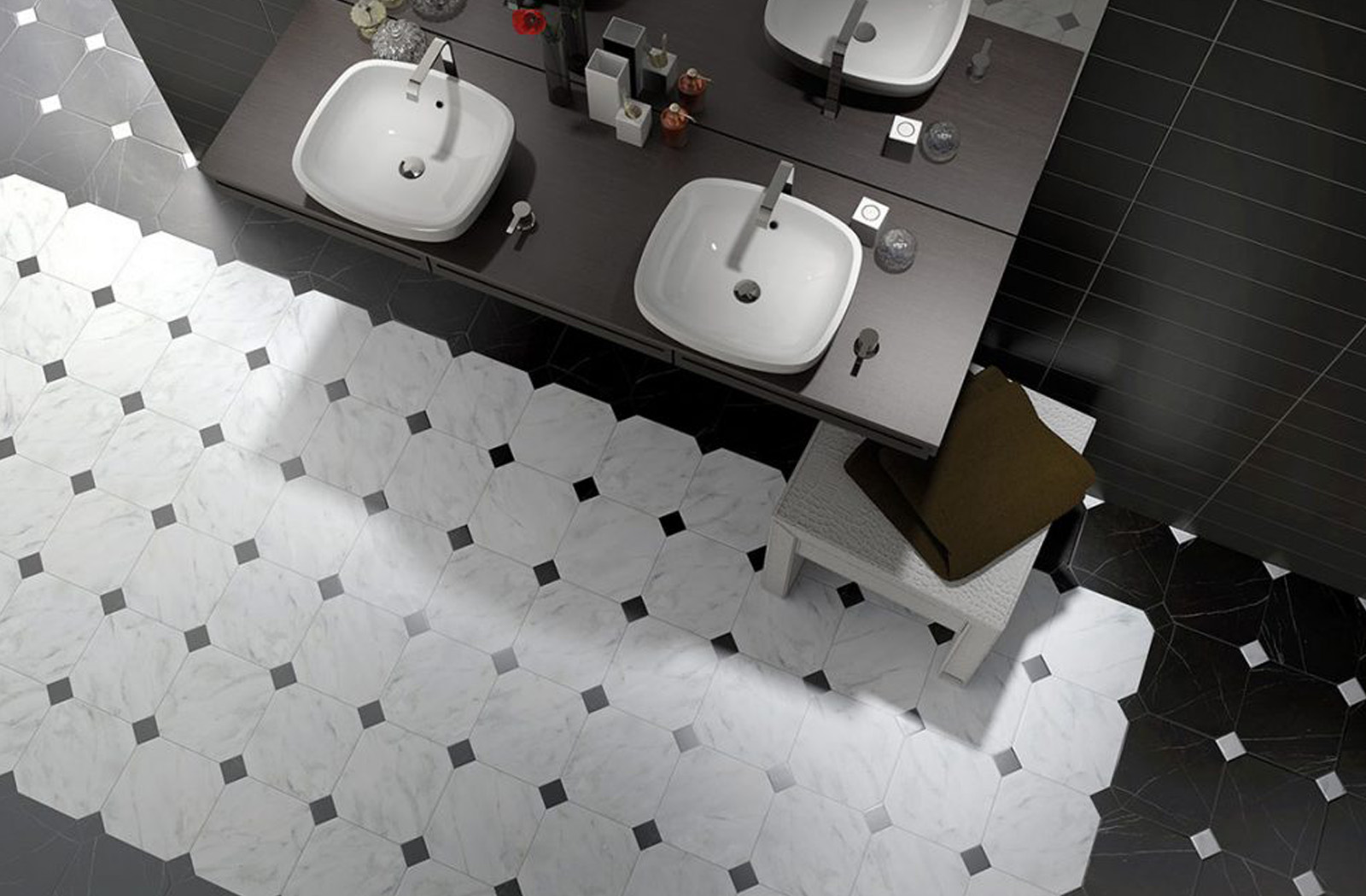 Taco Marmol Negro + Octagon Marmol Blanco Tiles