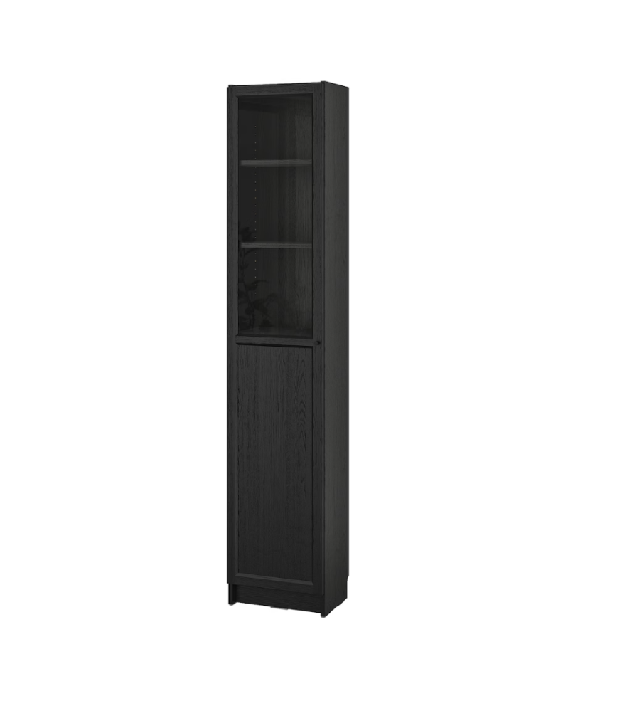 BILLY / OXBERG Bookcase with Panel/Glass door, 40x30x202 cm - Black Oak Effect