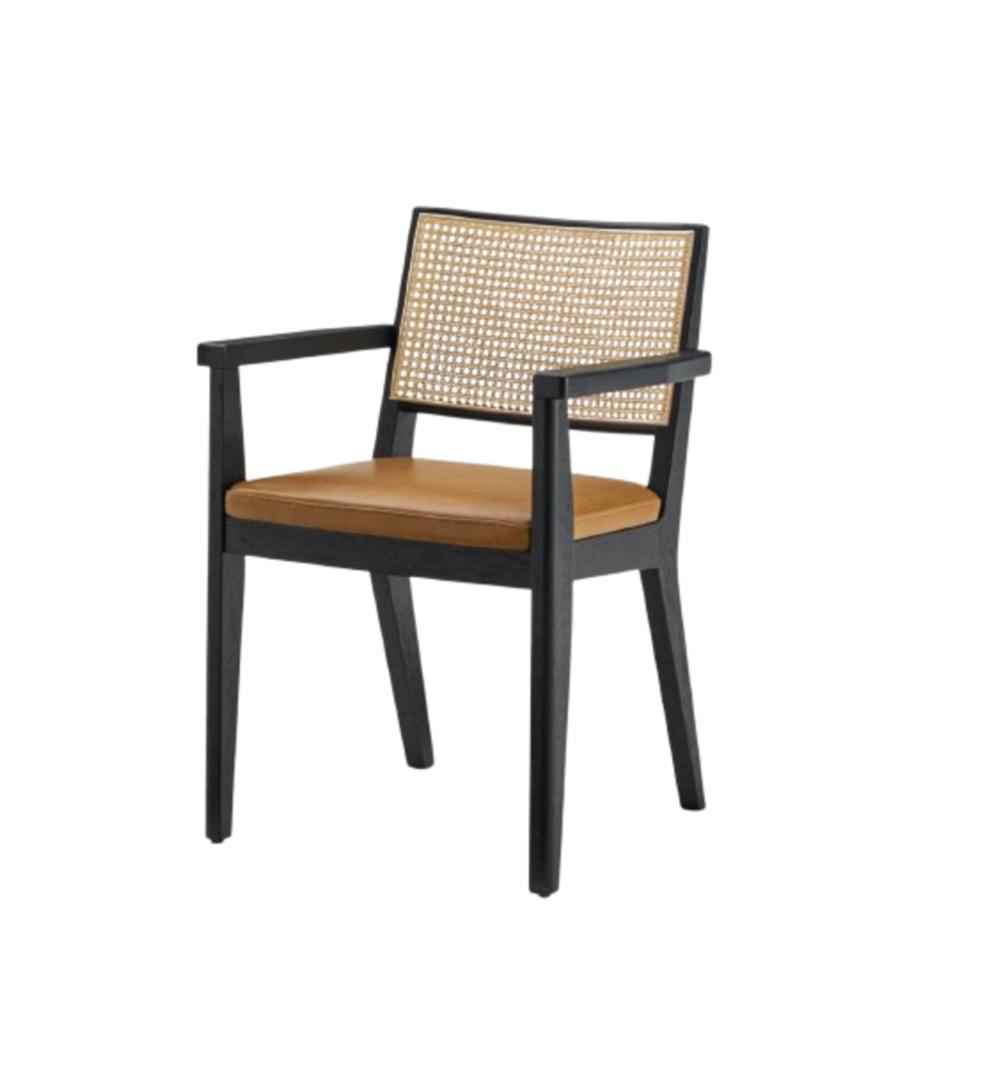 Sloane Leather and Cane Chair with Armrest - Caramel