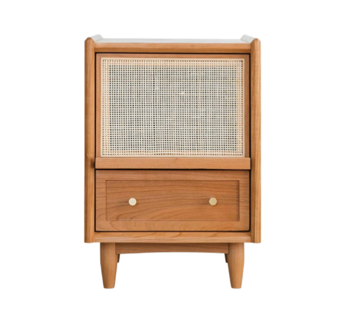 Japandi Wood Side Table - Cherry Rattan