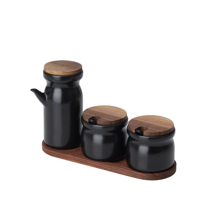 Huldhet Spice Jar with Tray, Ceramic/Black