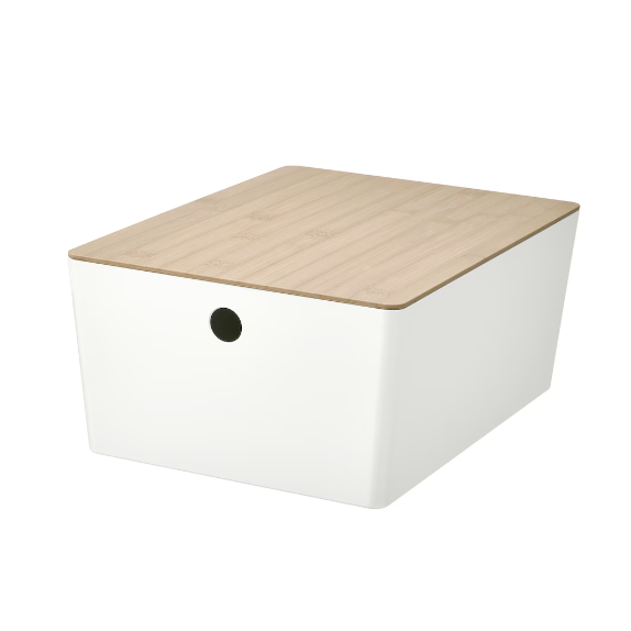KUGGIS Box with Lid, 26x35x15 cm - White/Bamboo