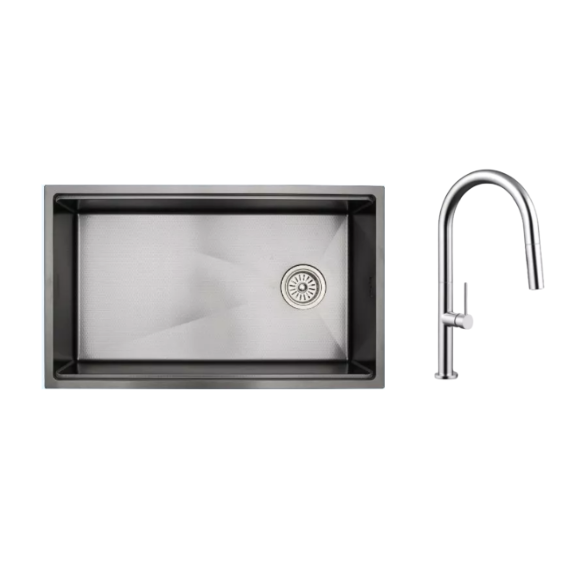 Scratch Resistance Kitchen Sink with Kitchen Pull-out Faucet Mixer, R-SNK7544SB-LINEN-250 - Gun Metal 
