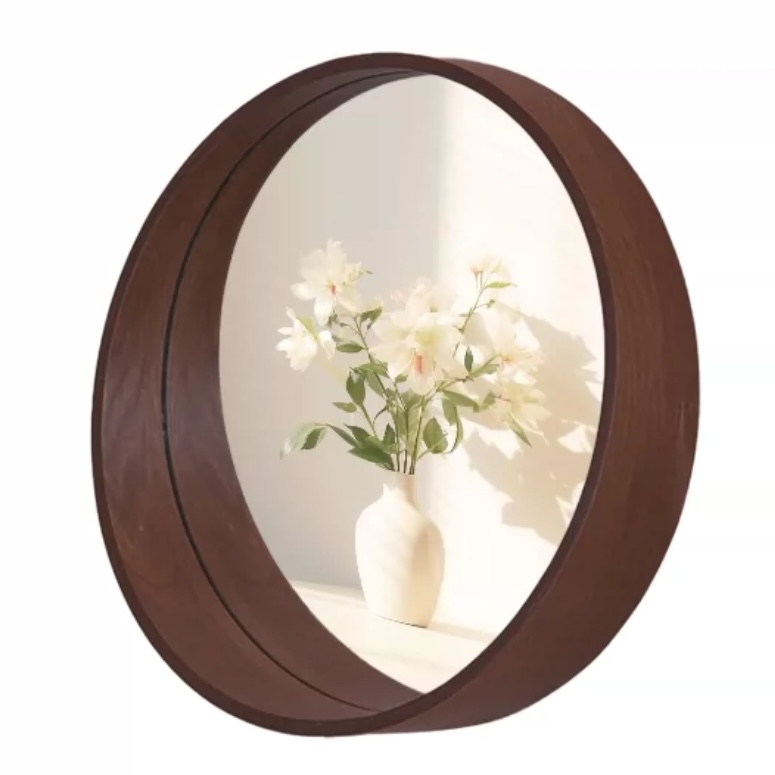 Wood Frame Circular Mirror with Shelve