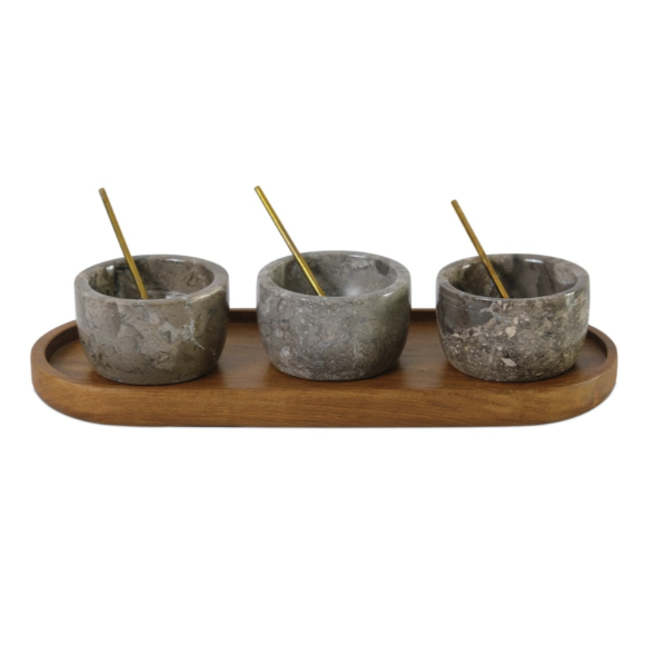 Mina Grey Marble Set of 3 Condiment Bowls With Tray