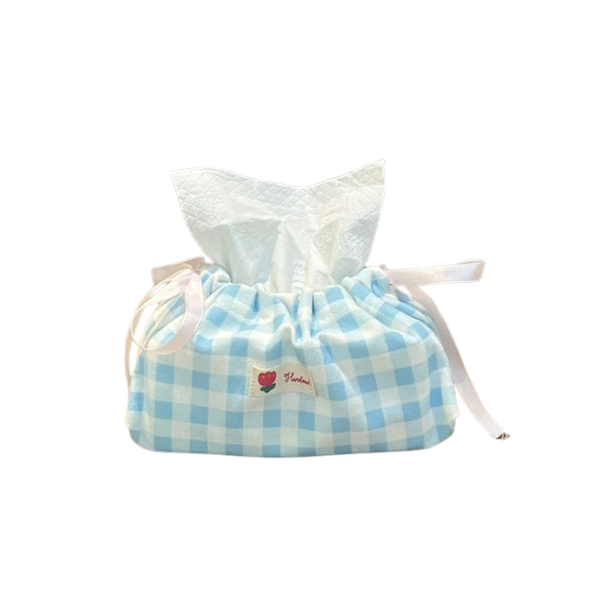 Drawstring Tissue Box Cover - Blue Plaid